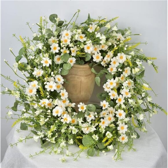 24 Inches Artificial Daisy Flower Wreath with Eucalyptus Leave Silk Flower - Picture 5 of 8